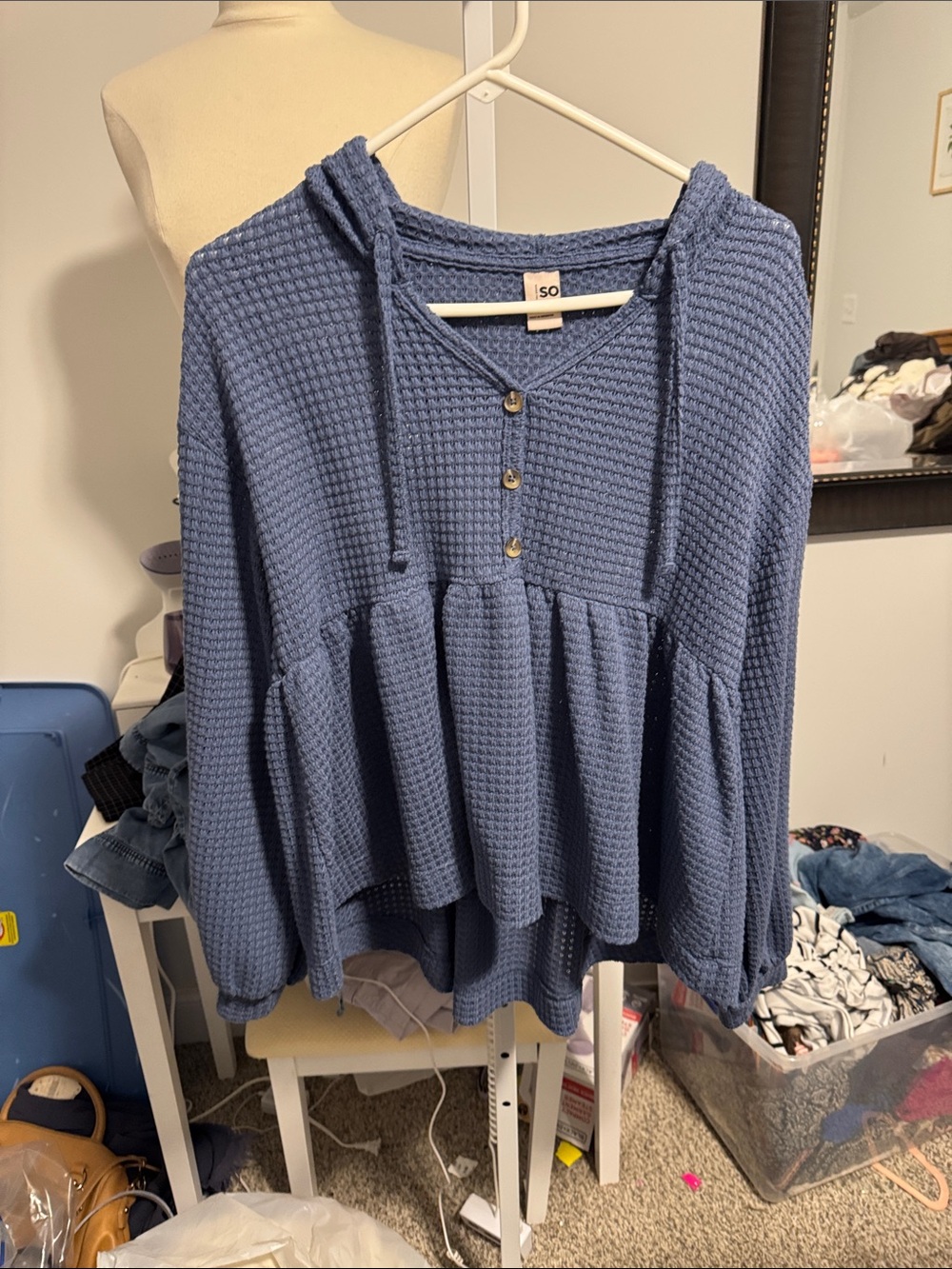 SO Blue Waffle-Knit Peplum Hoodie
